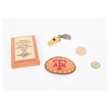 1966 Half Dollar, ATM Belt Buckle, Whistle