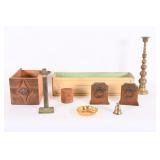 Wooden Boxes, Bookends, Candlesticks & Bell