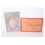 Framed Clown And Military Children's Drawings