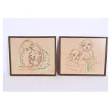 Framed Embroidered Kitten And Puppy Art