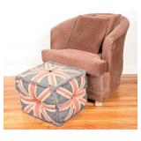 Vtg Velvet Barrel Back Arm Chair, Upholstered Pouf