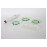Assorted Green Glass Plates, Tray, And Bottle