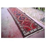 Hand-Knotted Red Geometric Pattern Wool Runner
