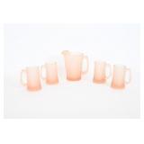 Vtg Satin Glass Pitcher & Mugs Frosted Peach/Blush