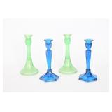 Vtg Frosted Green & Blue Glass Candlestick Holders