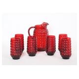 Vtg AH Ruby Red Glass Bubble Pitcher, Tumblers