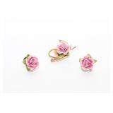 Coro Porcelain Rose Screw Back and Brooch Set