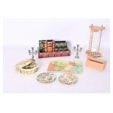 Decorative Books, Candle Holders, And Hourglass