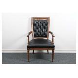 Vtg Tufted Black Leather/Wood High-Back Armchair