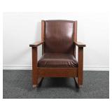 Arts & Crafts Mission Oak w/ Brown Leather Rocker