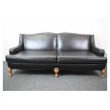 Vtg French Provincial Black Leather Camelback Sofa
