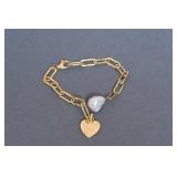 Gold Tone Link Bracelet w/ Pearl & Heart Charms