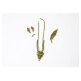 Vtg Green Rhinestone Necklace, Brooch,Clip-On Set