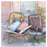 Vintage Wheelbarrows, Reel Mower & Metal Cans