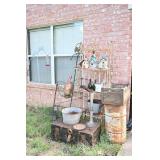 Rustic Yard Decor: Metal Rack, Tubs & Barrel