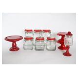 Glass Clamp Jars & Red Pedestal Cake Stands