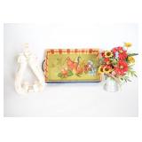 Painted Rooster Serving Tray & Faux Florals