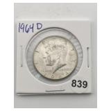 1964 D Kennedy Half Dollar Silver Coin