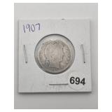 1907 Barber Quarter Coin