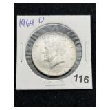 1964 D Kennedy Half Dollar Silver Coin