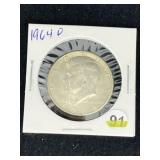 1964 D Kennedy Half Dollar Silver Coin