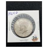 1964 D Kennedy Half Dollar Silver Coin
