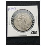 1939 S Walking Liberty Half Dollar Silver Coin
