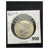 1964 D Kennedy Half Dollar Silver Coin