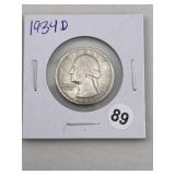 1934 D Washington Quarter Silver Coin