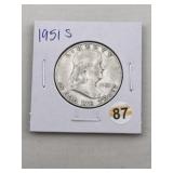 1951 S Franklin Half Dollar Silver Coin