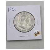 1951 Franklin Half Dollar Silver Coin
