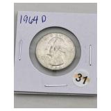 1964 D Washington Quarter Silver Coin