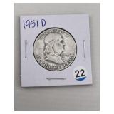 1951 D Franklin Half Dollar Silver Coin