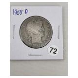 1908 D Barber Half Dollar Silver Coin