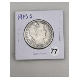 1915 S Barber Half Dollar Silver Coin