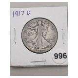 1917 D Walking Liberty Half Dollar Silver Coin
