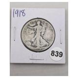 1918 Walking Liberty Half Dollar Silver Coin