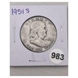 1951 S Franklin Half Dollar Silver Coin