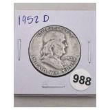 1952 D Franklin Half Dollar Silver Coin