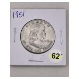 1951 Franklin Half Dollar Silver Coin