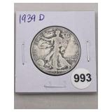 1939 D Walking Liberty Half Dollar Silver Coin