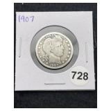 1907 Barber Quarter Silver Coin