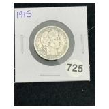 1915 Barber Quarter Silver Coin