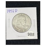 1952 D Franklin Half Dollar Silver Coin
