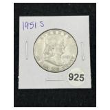 1951 S Franklin Half Dollar Silver Coin