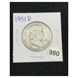 1951 D Franklin Half Dollar Silver Coin