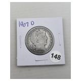 1907 D Barber Half Dollar Silver Coin