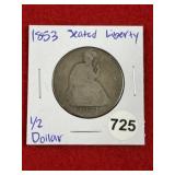 1853 Seated Liberty Half Dollar Silver Coin