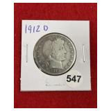 1912 D Barber Half Dollar Silver Coin