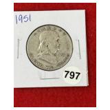 1951 Franklin Half Dollar Silver Coin